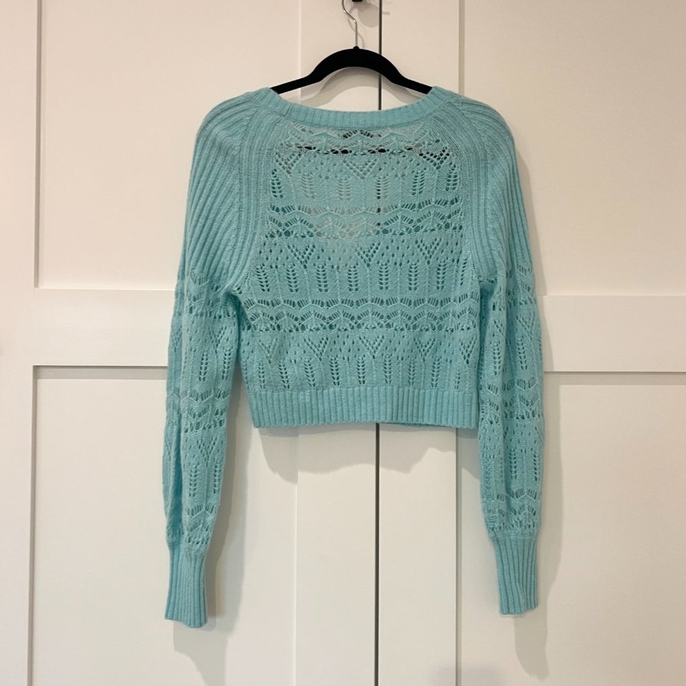 Intermix Brea Cropped Pointelle-knit Cardigan- Turquise- Small - Picture 3 of 6